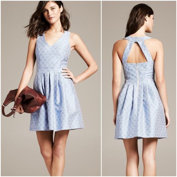 Banana Republic Dress Sleeveless Floral Jacquard Fit Flare Back Cutout V-neck 8P - Picture 1 of 16